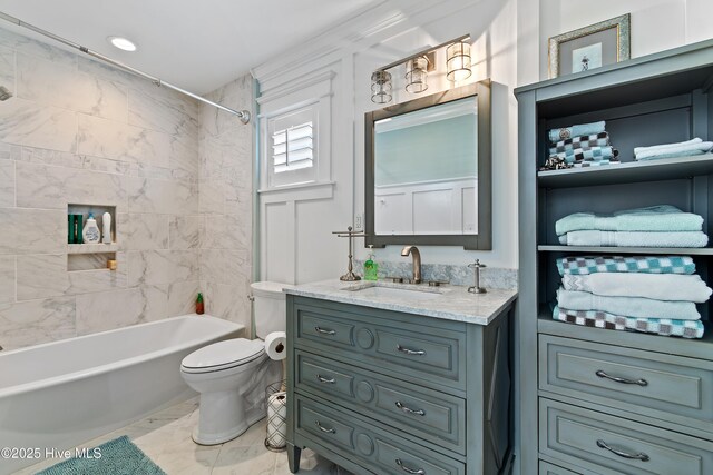 full bath featuring bathing tub / shower combination, toilet, marble finish floor, and vanity