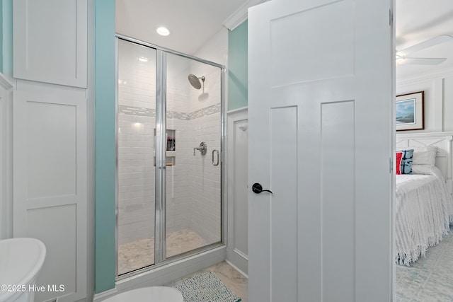 full bathroom featuring ensuite bath, a shower stall, recessed lighting, and a ceiling fan