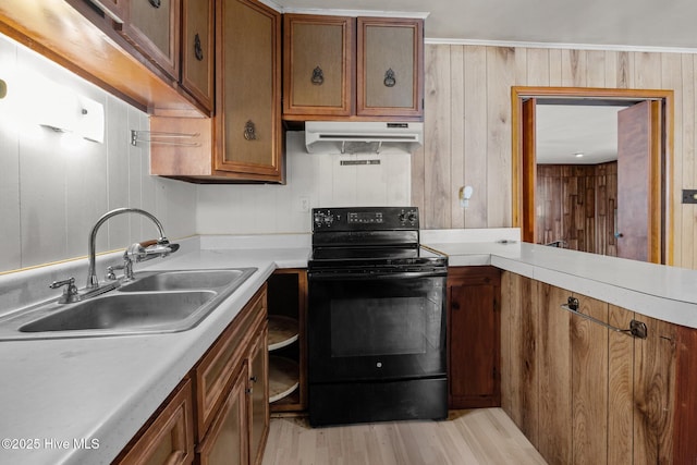 kitchen with under cabinet range hood, black / electric stove, light countertops, and a sink