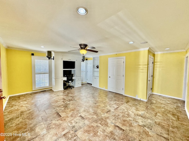 unfurnished living room with ceiling fan, ornamental molding, and baseboards