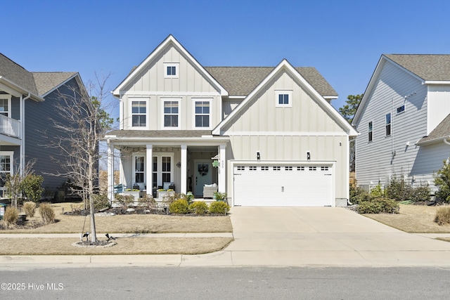 view of front of home featuring board and batten siding, a porch, roof with shingles, a garage, and driveway