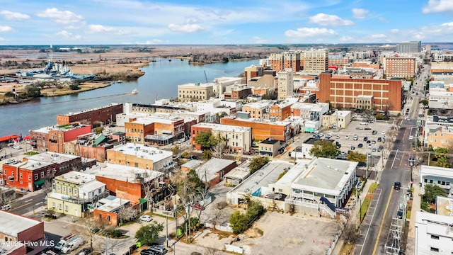 drone / aerial view with a view of city and a water view