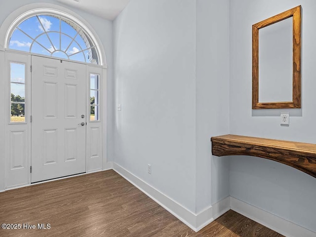 entryway with plenty of natural light, baseboards, and wood finished floors