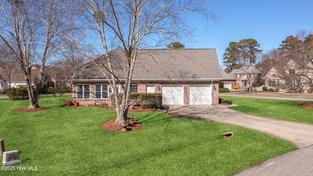 cape cod-style house with concrete driveway, brick siding, an attached garage, and a front lawn