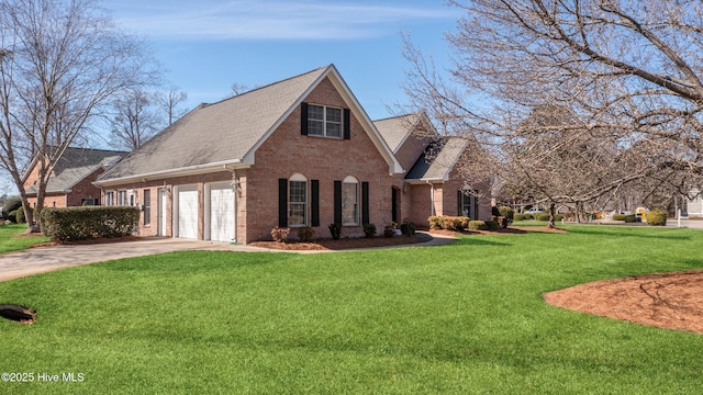 view of side of property featuring brick siding, roof with shingles, concrete driveway, a lawn, and a garage