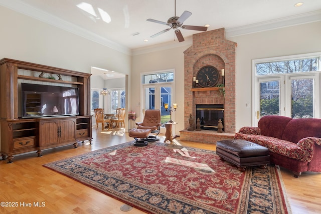 living area with a fireplace, a healthy amount of sunlight, crown molding, and light wood finished floors