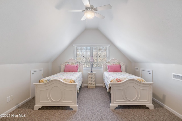 carpeted bedroom featuring vaulted ceiling, a ceiling fan, visible vents, and baseboards