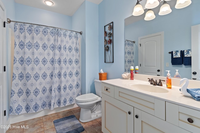 full bath featuring shower / bath combo, vanity, and toilet