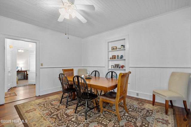 dining room featuring wainscoting, ceiling fan, wood ceiling, hardwood / wood-style floors, and built in shelves