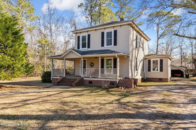view of front facade featuring crawl space, a porch, a chimney, an attached carport, and a shingled roof