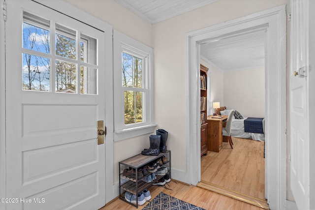 doorway to outside featuring crown molding, light wood-style floors, and baseboards