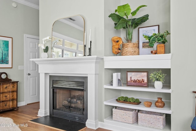 room details featuring ornamental molding, a fireplace, wood finished floors, and baseboards