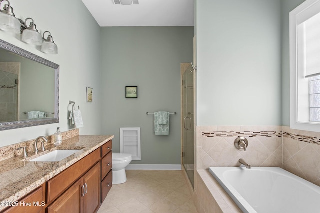 full bathroom with a garden tub, toilet, visible vents, vanity, and a shower stall