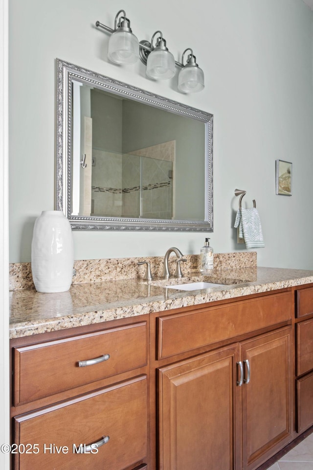 bathroom featuring a shower stall and vanity