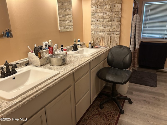 bathroom with double vanity, wood finished floors, and a sink