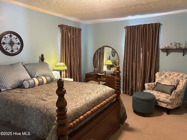 bedroom featuring a textured ceiling, carpet floors, and crown molding