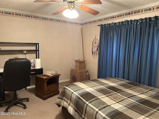 bedroom featuring light carpet, crown molding, and a textured ceiling