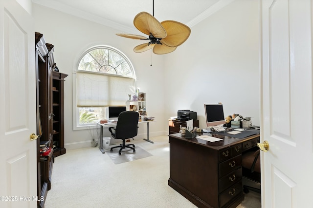 office area with crown molding, baseboards, ceiling fan, and carpet flooring