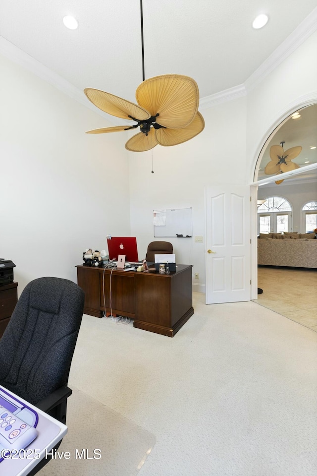 carpeted home office with ornamental molding, a ceiling fan, and recessed lighting