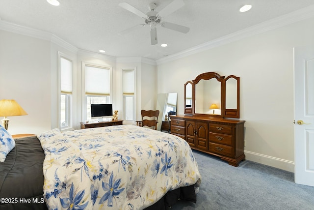 carpeted bedroom with baseboards, recessed lighting, a ceiling fan, and crown molding