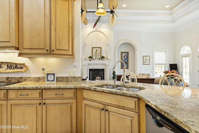 kitchen with light stone counters, open floor plan, a sink, and dishwasher