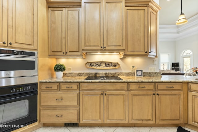 kitchen with double oven, black electric stovetop, crown molding, light stone countertops, and pendant lighting