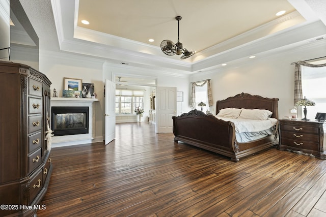 bedroom with a tray ceiling and dark wood finished floors