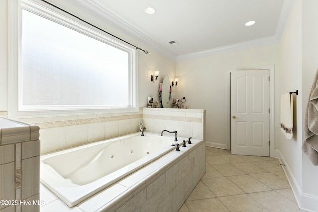 full bathroom with tile patterned flooring, visible vents, crown molding, and a tub with jets