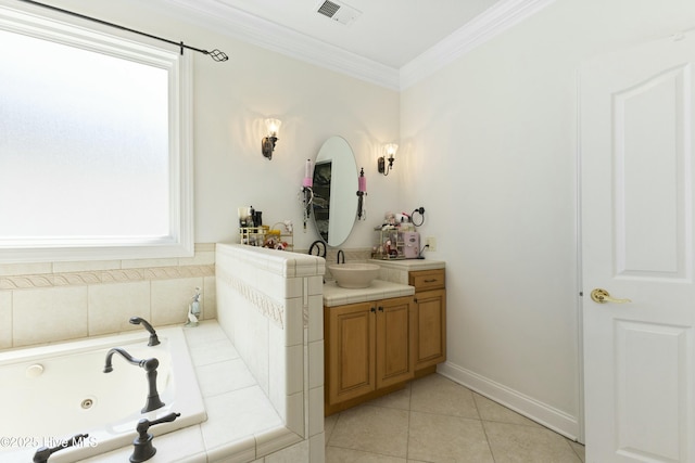 full bathroom featuring visible vents, a jetted tub, tile patterned flooring, crown molding, and vanity