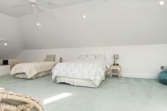 carpeted bedroom with lofted ceiling, ceiling fan, recessed lighting, and baseboards