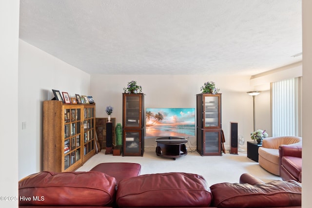 living area featuring light colored carpet and a textured ceiling