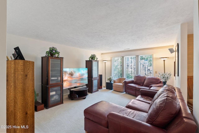 living area featuring light colored carpet and a textured ceiling