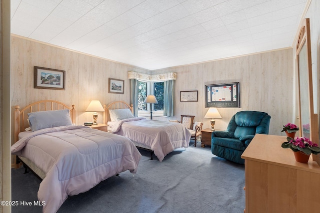 carpeted bedroom featuring ornamental molding