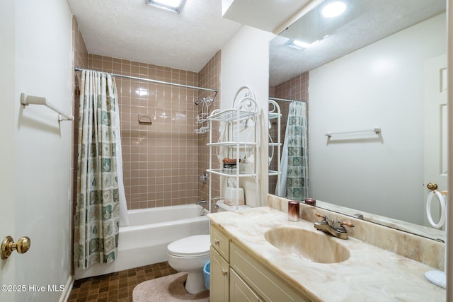 full bath with a textured ceiling, toilet, shower / bath combination with curtain, and vanity