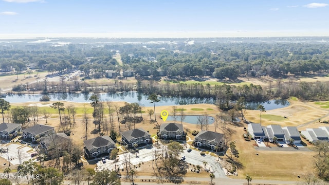 aerial view with a residential view, view of golf course, and a water view