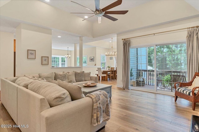 122 Smathers Dr, West End, NC 27376 - living room with a chandelier, a ceiling fan, light wood-type flooring, and recessed lighting