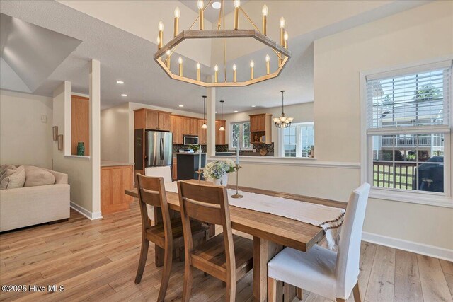 122 Smathers Dr, West End, NC 27376 - dining space featuring a chandelier, light wood finished floors, and baseboards