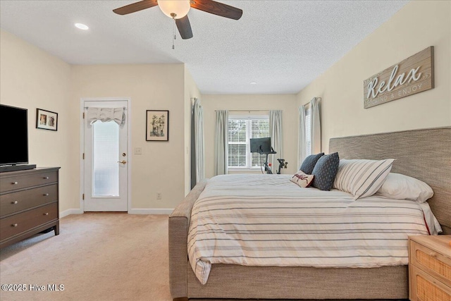 122 Smathers Dr, West End, NC 27376 - bedroom with light carpet, baseboards, a ceiling fan, recessed lighting, and a textured ceiling