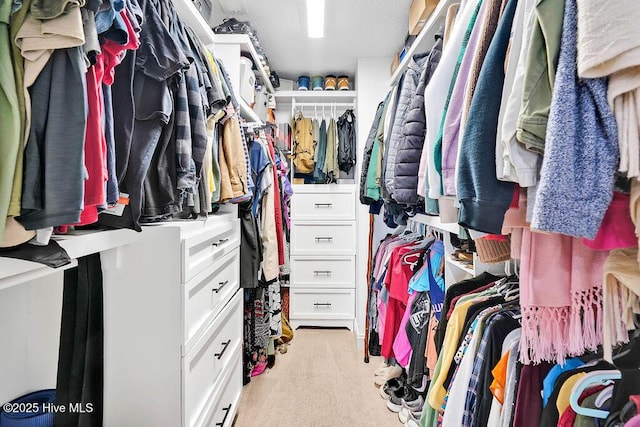 walk in closet with light carpet