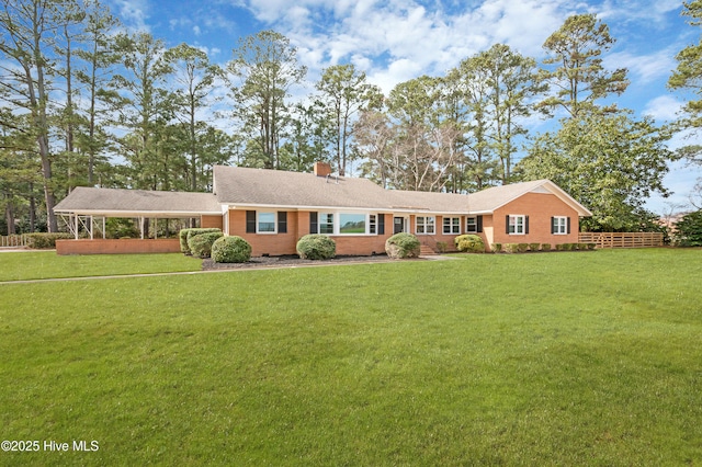 single story home with crawl space, a chimney, and a front lawn