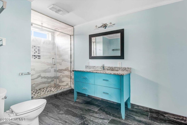 full bath with toilet, visible vents, vanity, ornamental molding, and a shower stall