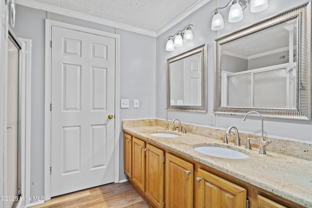 bathroom with crown molding, double vanity, wood finished floors, a textured ceiling, and a sink