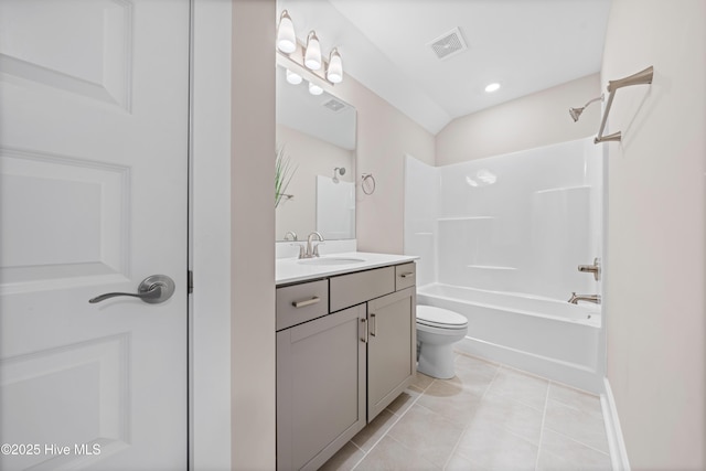 full bathroom featuring visible vents, toilet, tile patterned floors, vanity, and shower / bathing tub combination