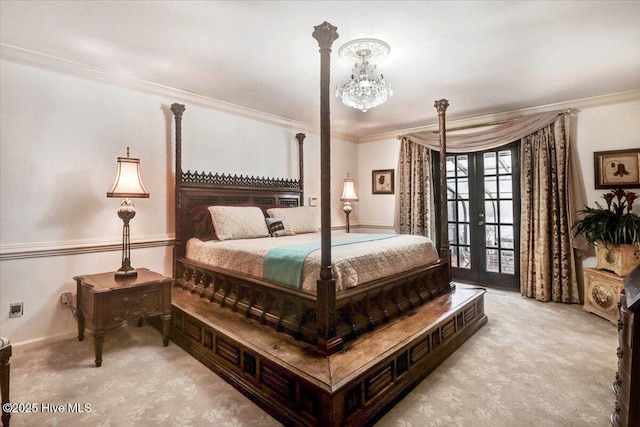 bedroom with a notable chandelier, light carpet, access to outside, french doors, and crown molding