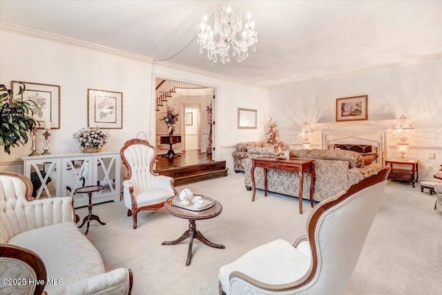 bedroom featuring an inviting chandelier, a fireplace, ornamental molding, and carpet flooring