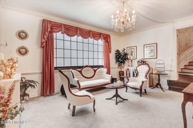 living area with carpet floors, ornamental molding, an inviting chandelier, and stairs