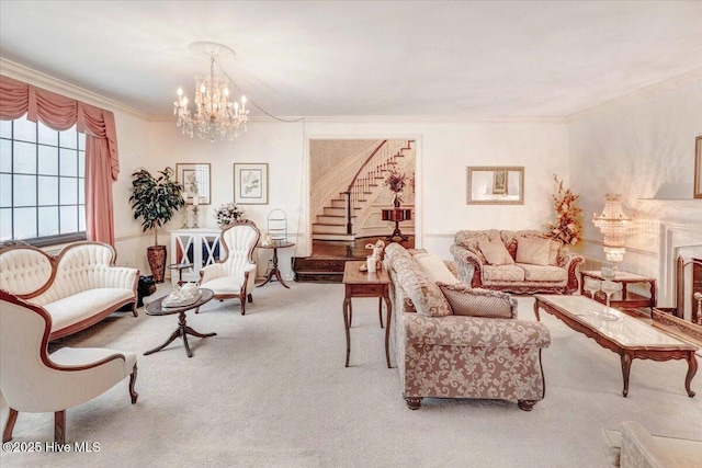 living area with a fireplace with raised hearth, stairs, crown molding, carpet flooring, and a notable chandelier