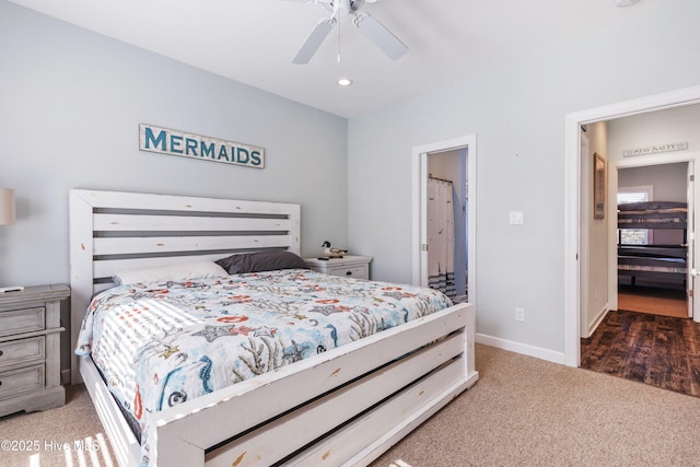 bedroom with carpet floors, baseboards, a ceiling fan, and recessed lighting