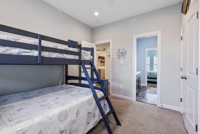 bedroom featuring recessed lighting, carpet flooring, ceiling fan, and baseboards