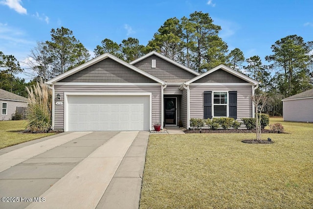 single story home with driveway, an attached garage, and a front lawn